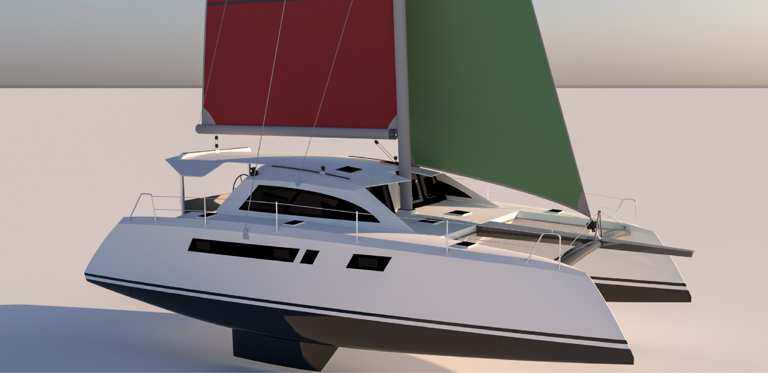 Tàu catamaran Sông Lô 1270 – góc nhìn mạn trái, buồm xanh đỏ / Song Lo 1270 catamaran boat – port side view with red and green sails