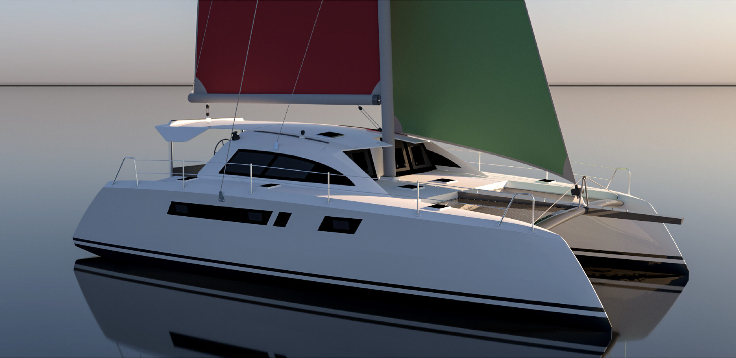 Tàu Sông Lô 1270 – góc nhìn ngang, thiết kế hiện đại, buồm xanh đỏ / Song Lo 1270 boat – side profile view, modern design, red and green sails