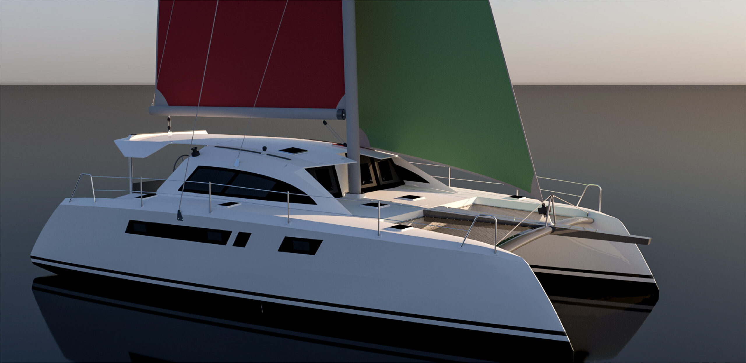 Tàu catamaran Sông Lô 1270 – góc nhìn chéo phía trước, buồm xanh đỏ / Song Lo 1270 catamaran boat – front quarter view with red and green sails
