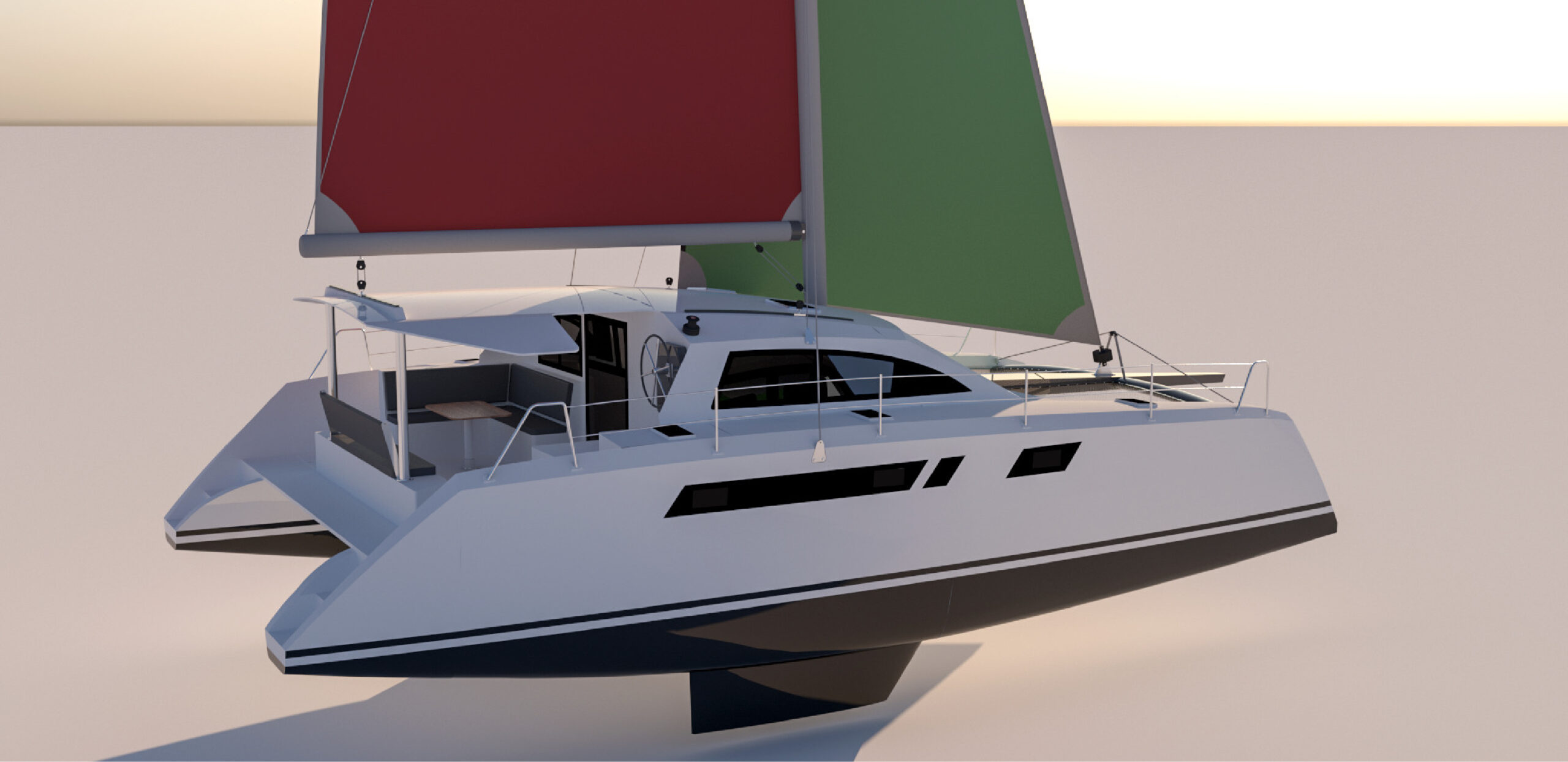 Tàu catamaran Sông Lô 1270 – góc nhìn chéo phía trước, buồm xanh đỏ / Song Lo 1270 catamaran boat – front quarter view with red and green sails