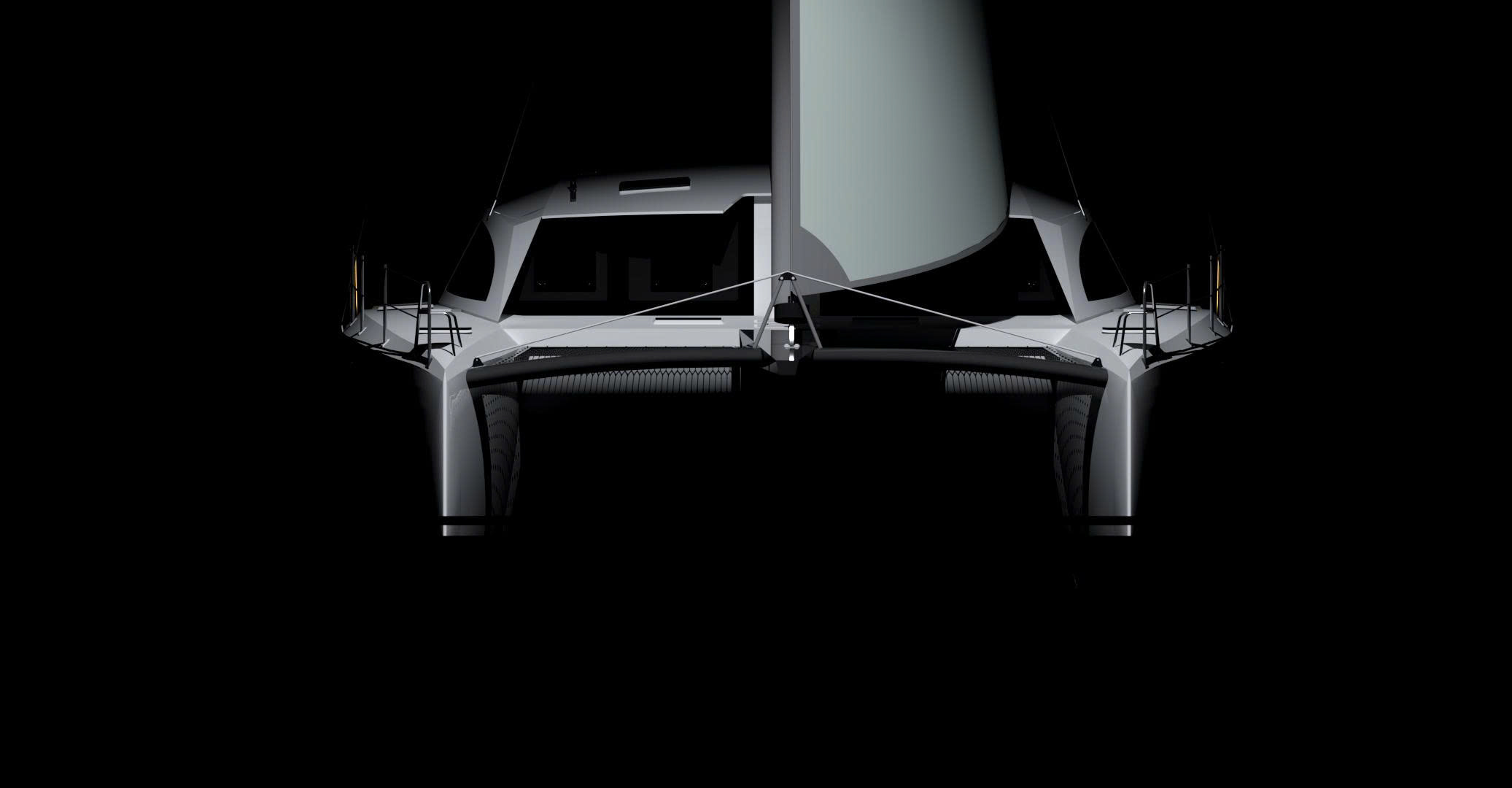 Tàu catamaran Sông Lô 1270 – góc nhìn chéo phía trước, buồm xanh đỏ / Song Lo 1270 catamaran boat – front quarter view with red and green sails